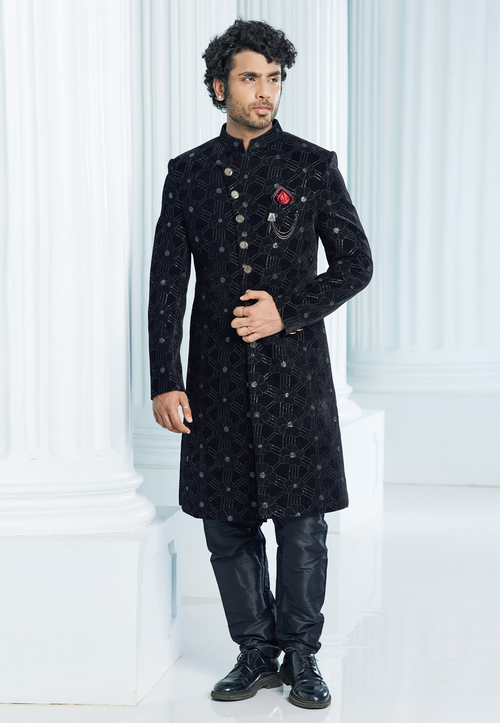 Black Velvet Achkan Style Sherwani 275169