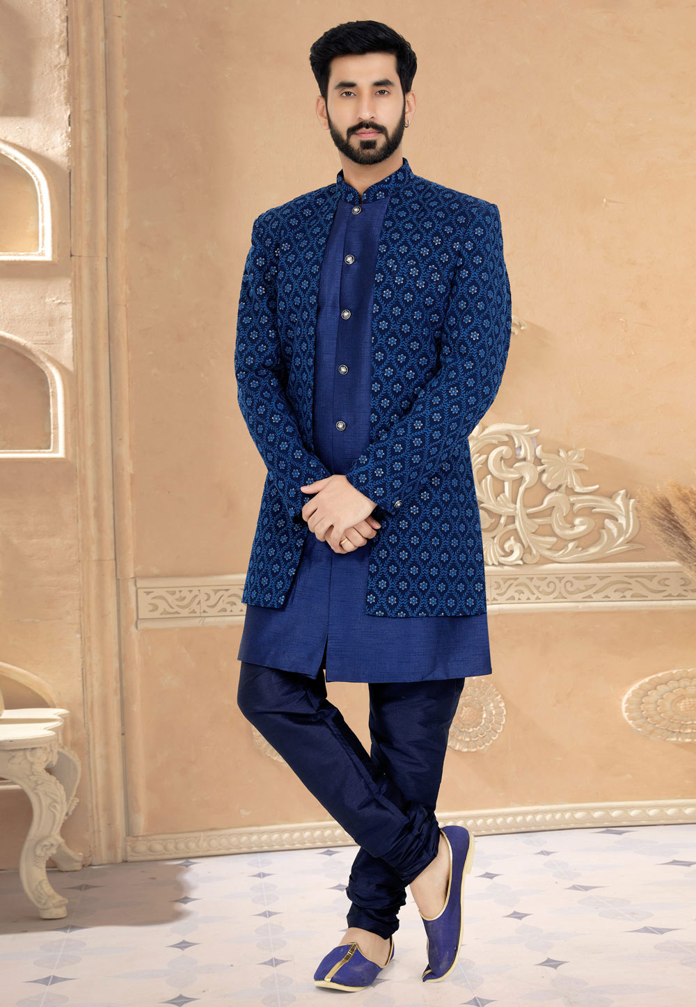 Navy Blue Georgette Jacket Style Sherwani 263254