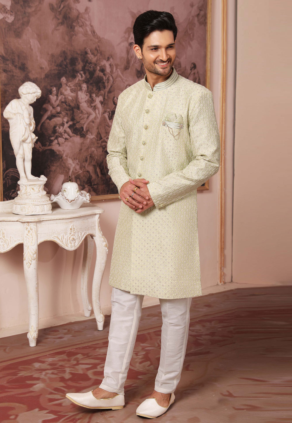 Pista Green Art Silk Indo Western Suit 255634