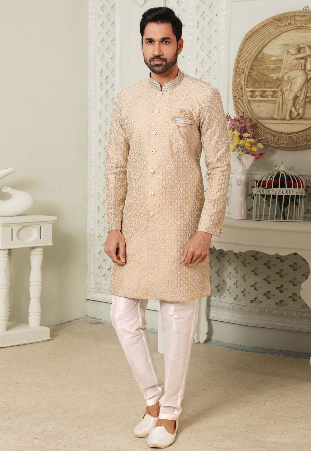 Beige Art Silk Indo Western Suit 255635