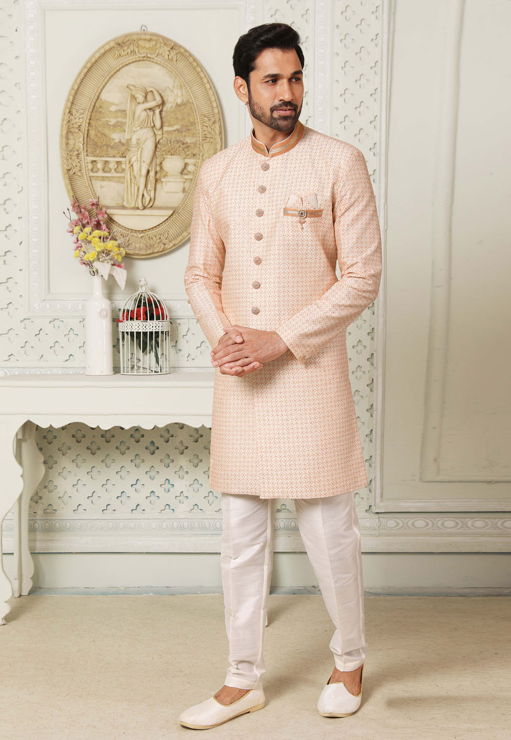 Peach Art Silk Indo Western Suit 255642
