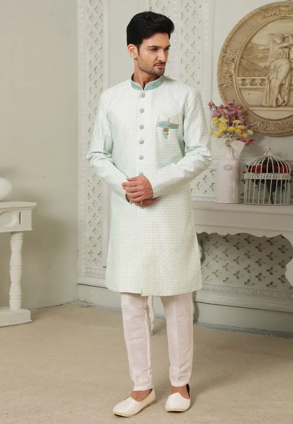 Sky Blue Art Silk Indo Western Suit 255643