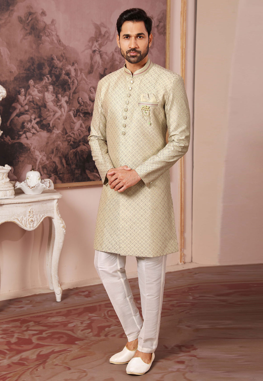 Pista Green Art Silk Indo Western Suit 255647