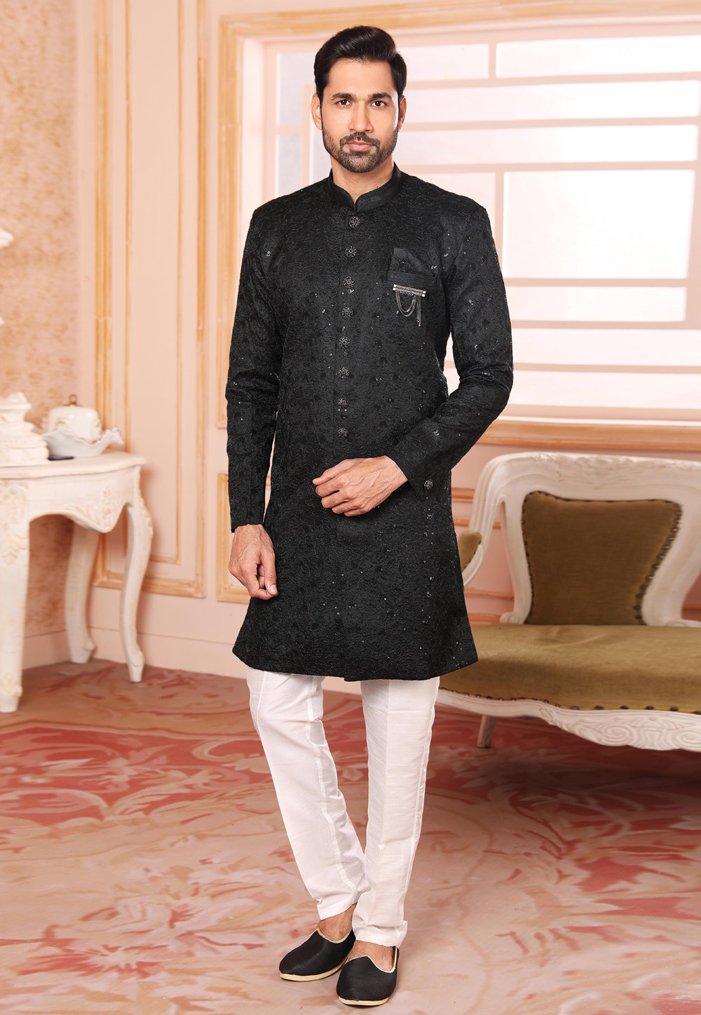 Black Art Silk Indo Western Suit 255651