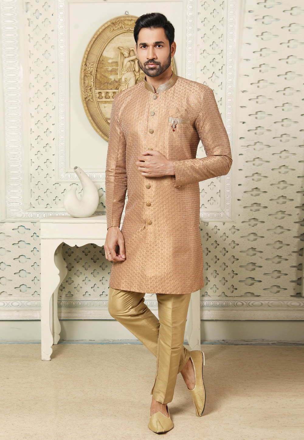 Beige Art Silk Indo Western Suit 255655