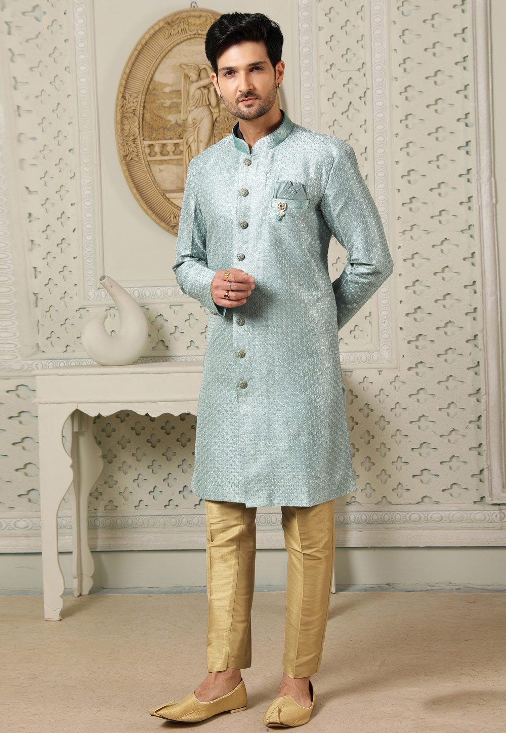 Sky Blue Art Silk Indo Western Suit 255656