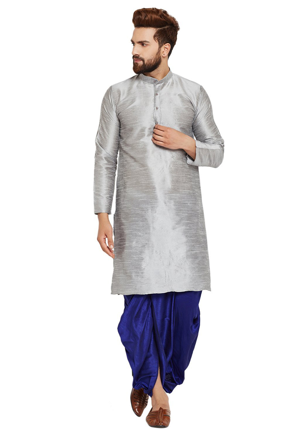 Grey Dupion Silk Readymade Dhoti Kurta 176069