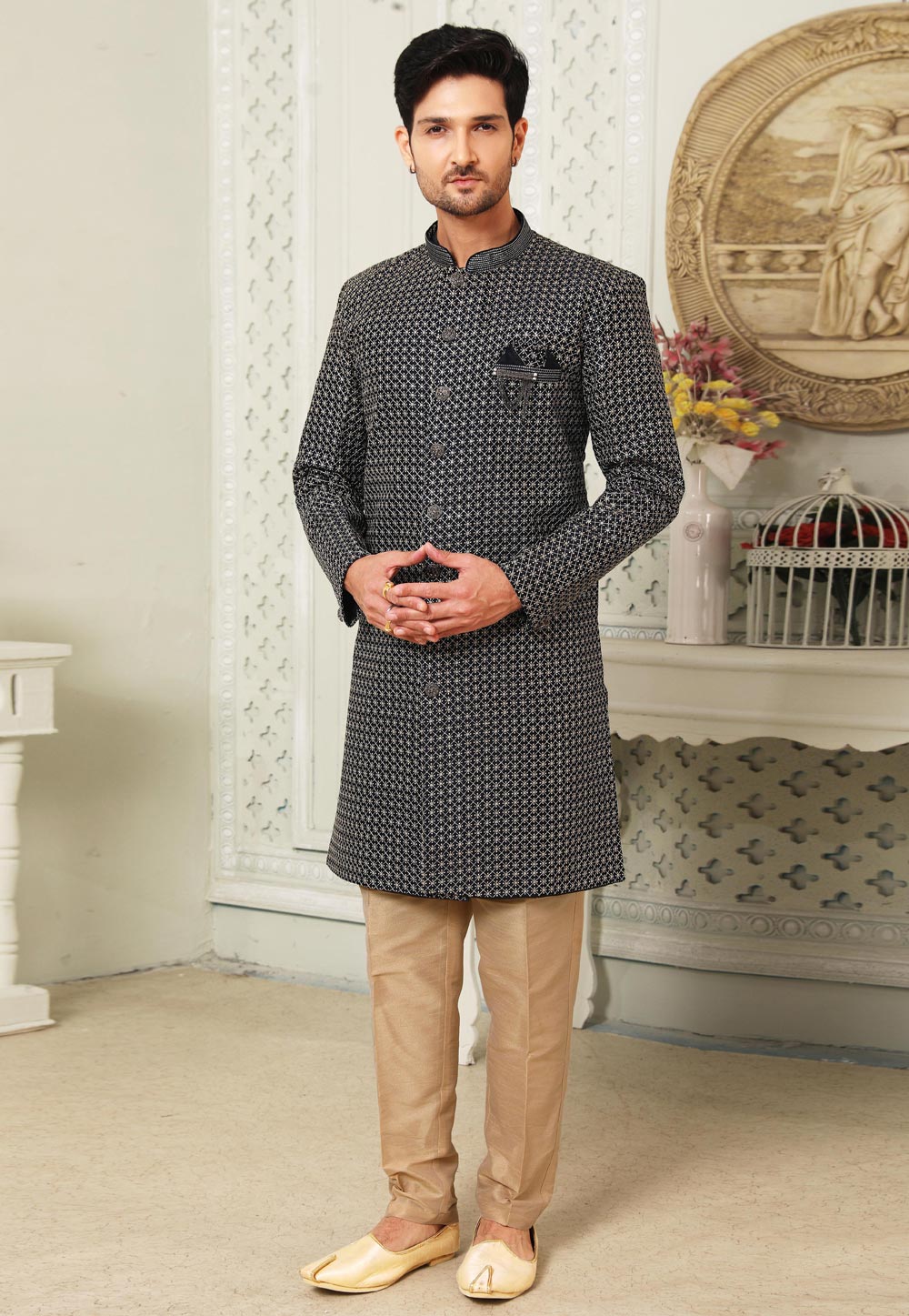 Navy Blue Art Silk Indo Western Suit 255663