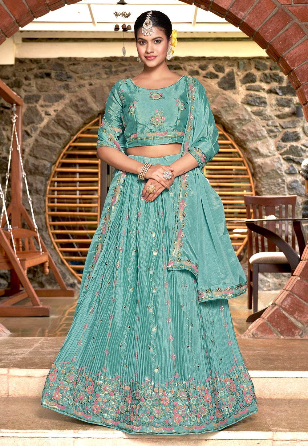 Sea Green Chinon Circular Lehenga Choli 268260