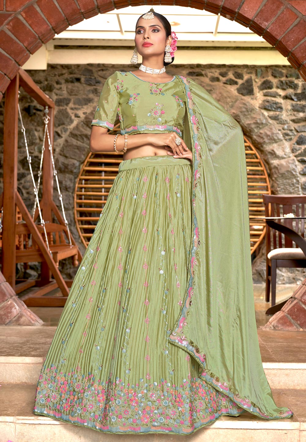 Light Green Chinon Circular Lehenga Choli 268261