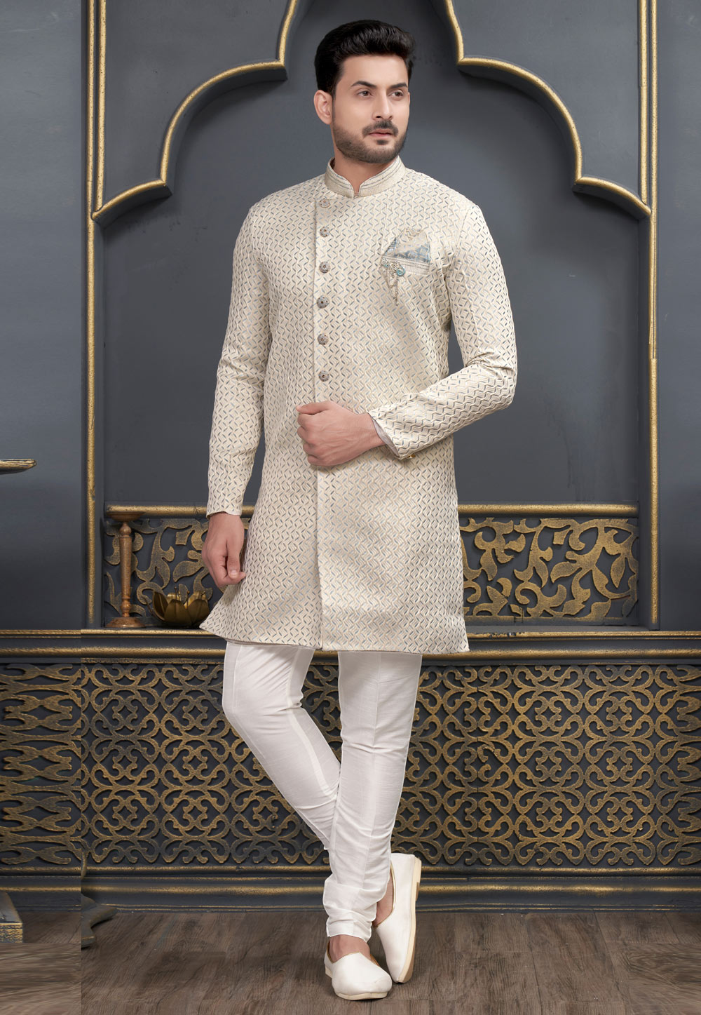 Cream Jacquard Indo Western Sherwani 276906