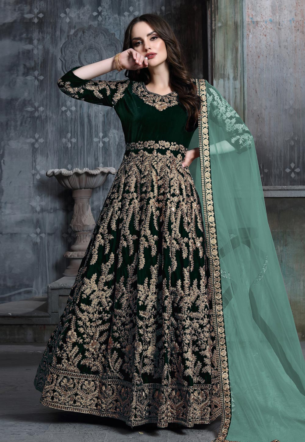 Green Velvet Long Anarkali Suit 193663