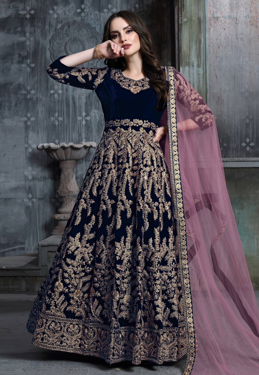 Navy Blue Velvet Long Anarkali Suit 193664