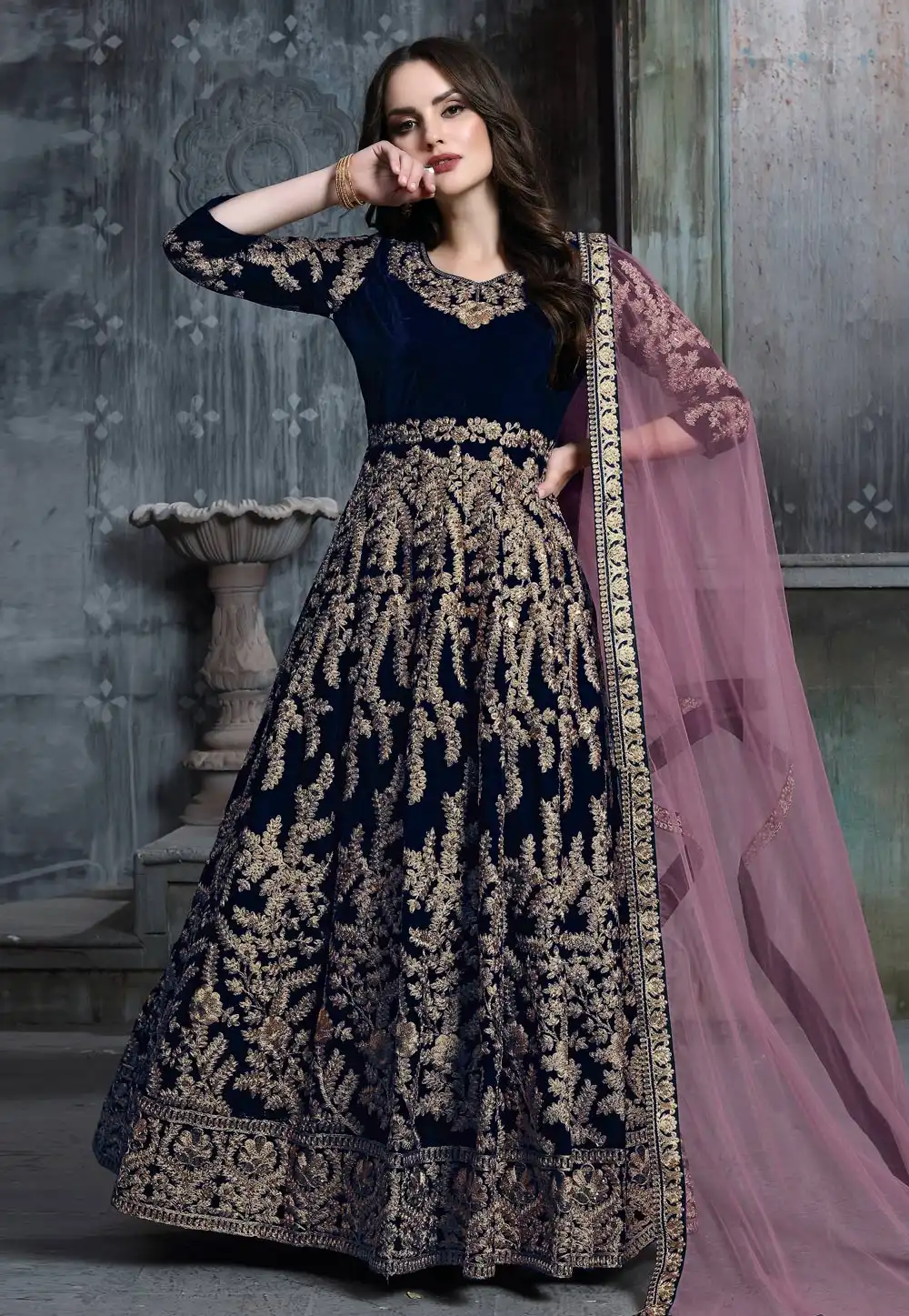 Navy Blue Velvet Long Anarkali Suit 193664