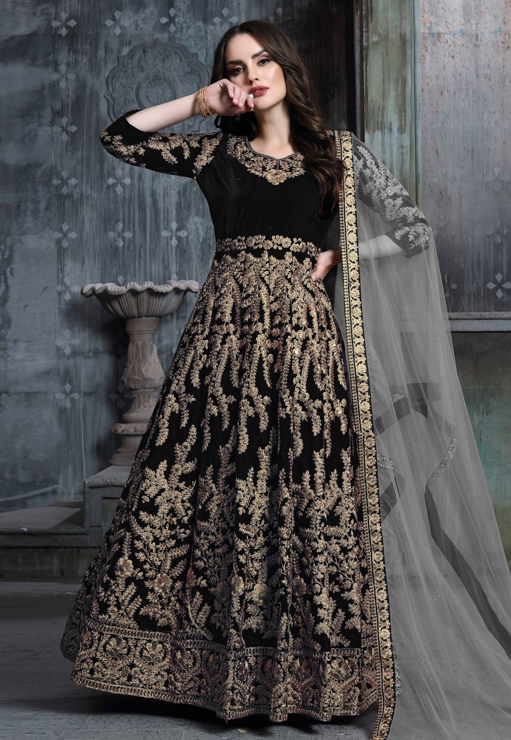 Black Velvet Abaya Style Anarkali Suit 193665
