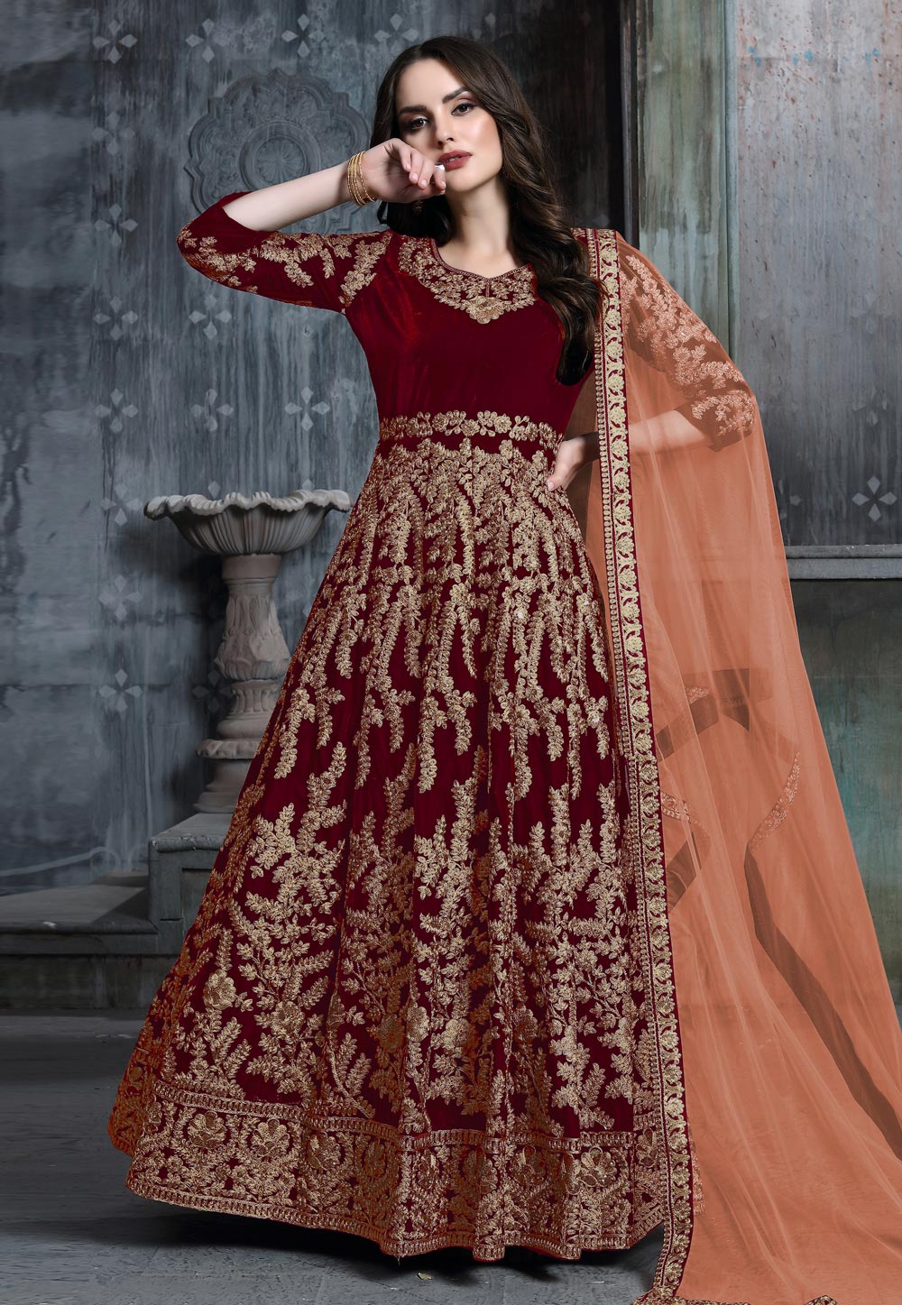 Red Velvet Long Anarkali Suit 193666