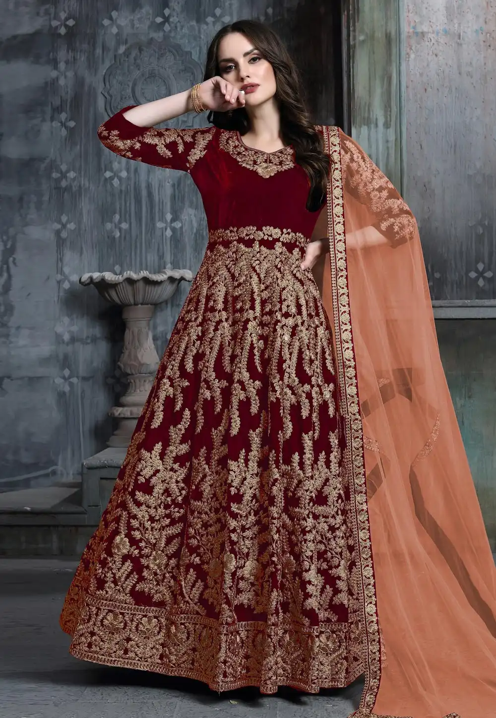 Red Velvet Long Anarkali Suit 193666