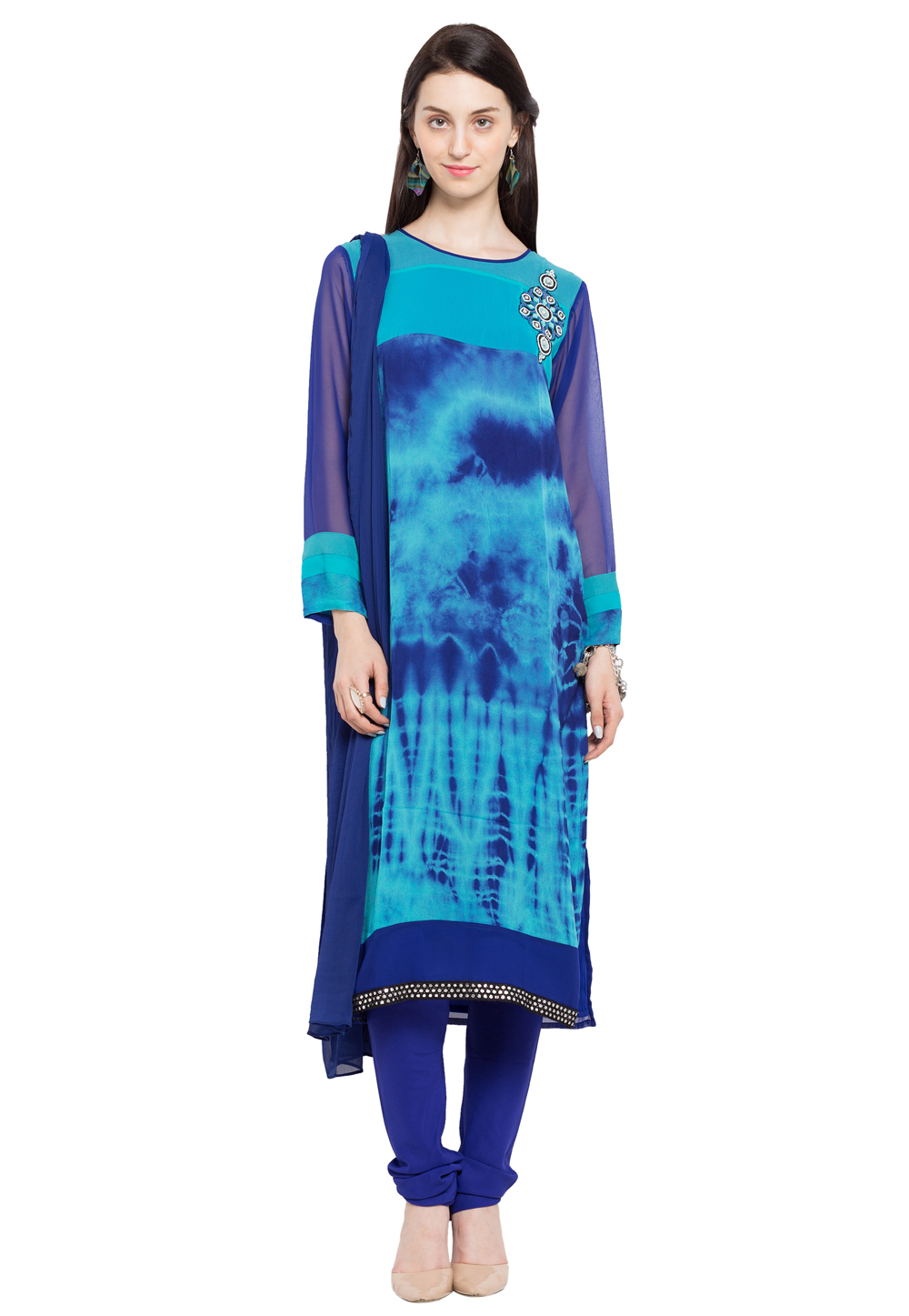 Turquoise Faux Georgette Readymade Churidar Suit 230342