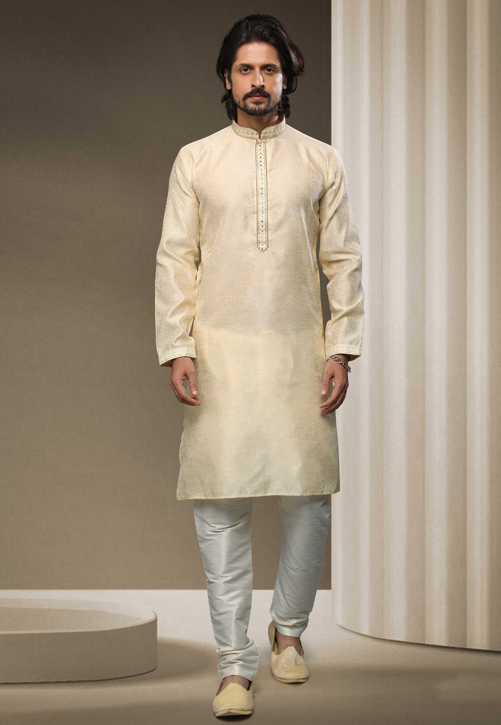 Cream Jacquard Silk Kurta Pajama 255878