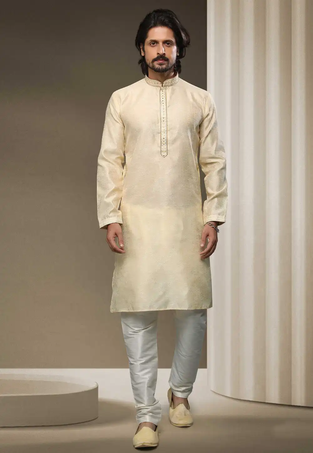 Cream Jacquard Silk Kurta Pajama 255878