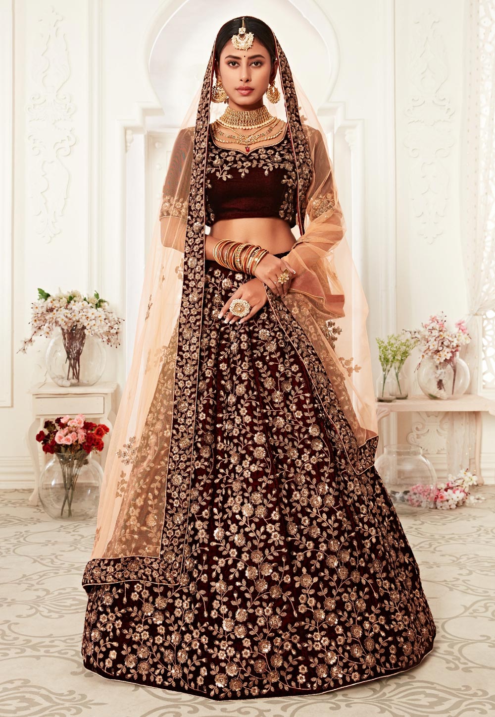 Maroon Velvet Bridal Lehenga Choli 218770