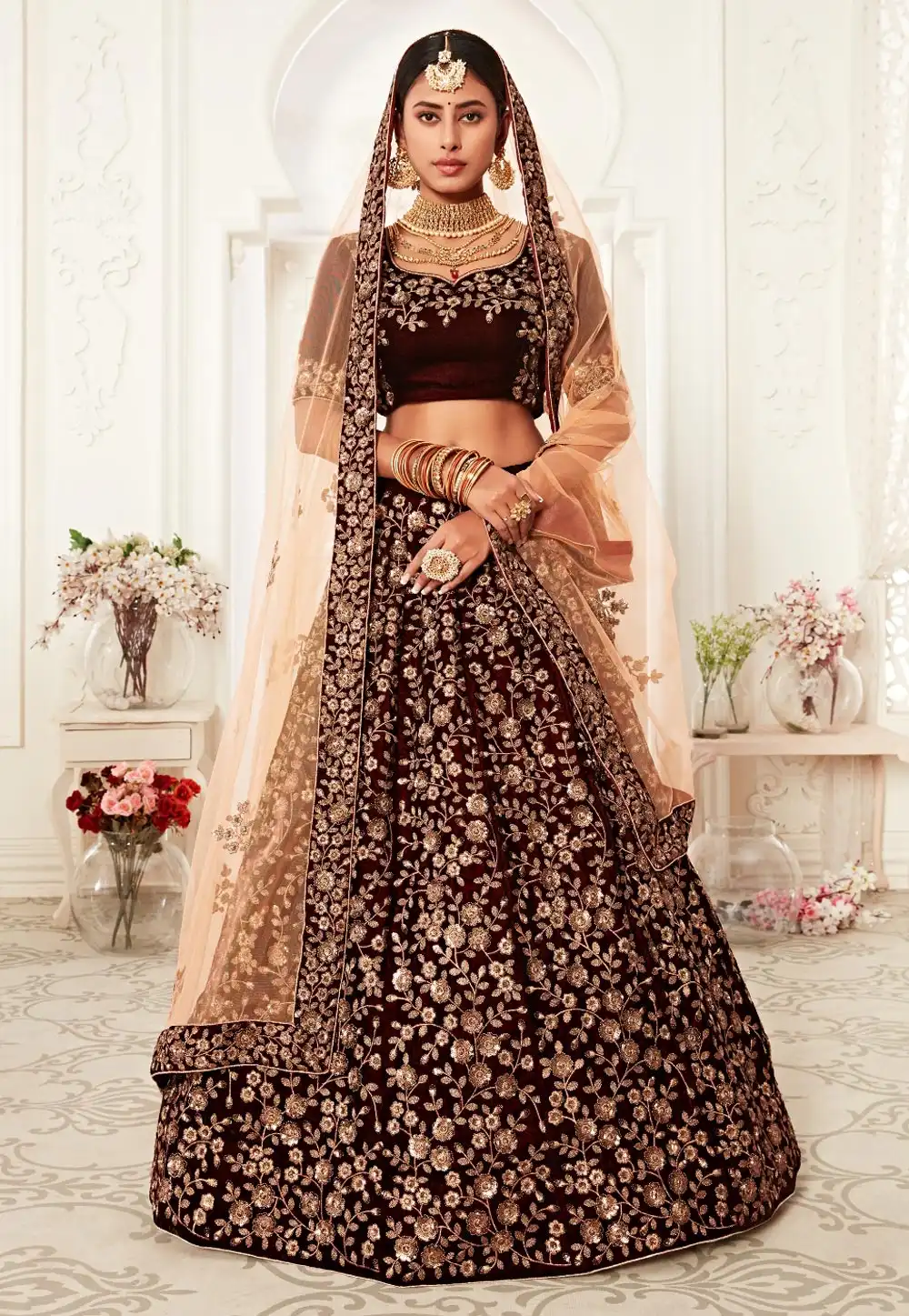Maroon Velvet Bridal Lehenga Choli 218770