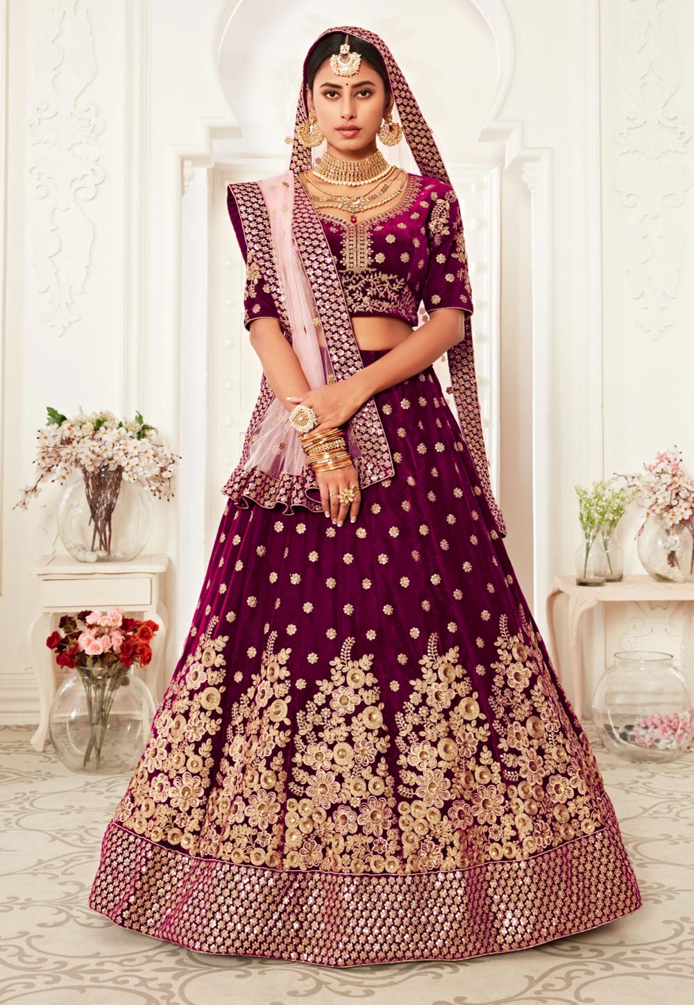 Purple Embroidered Velvet Lehenga Choli 218771