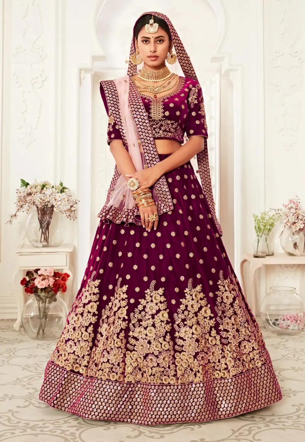 Purple Embroidered Velvet Lehenga Choli 218771