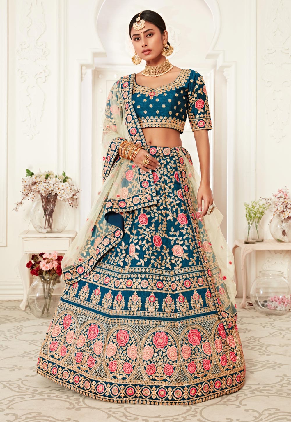 Blue Floral Embroidered Silk Lehenga Choli 218772