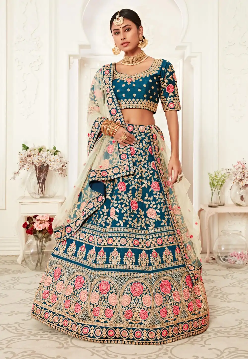 Blue Floral Embroidered Silk Lehenga Choli 218772