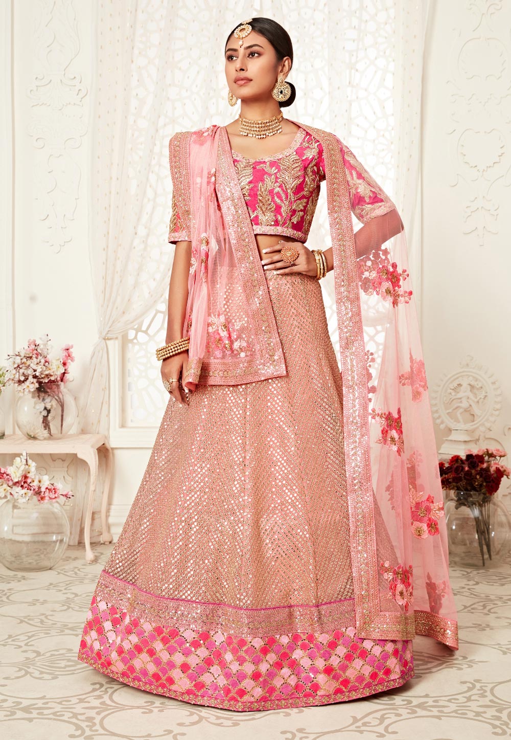 Pink Net Sequence Work Lehenga Choli 218775