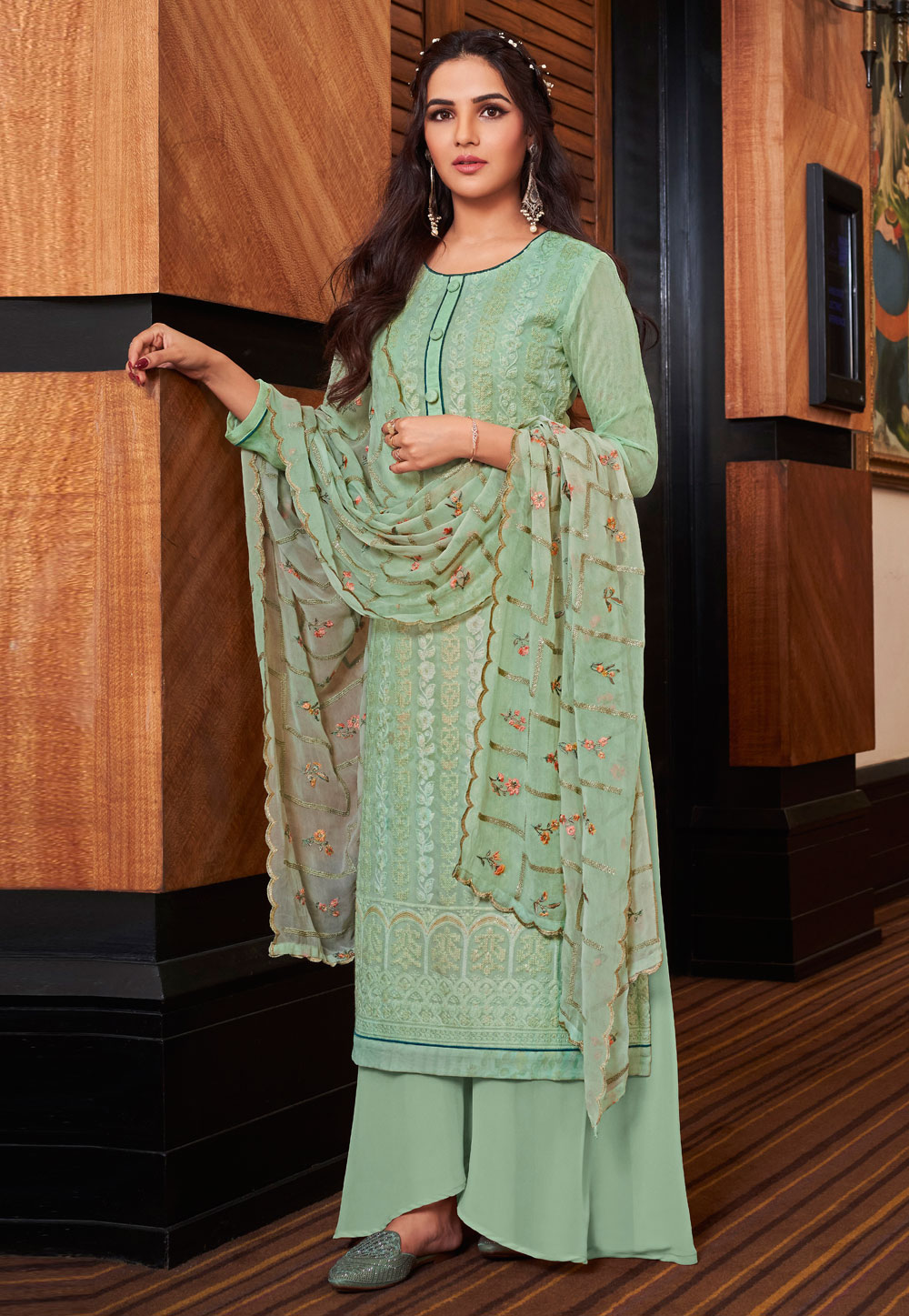 Jasmin Bhasin Sea Green Georgette Palazzo Suit 240084