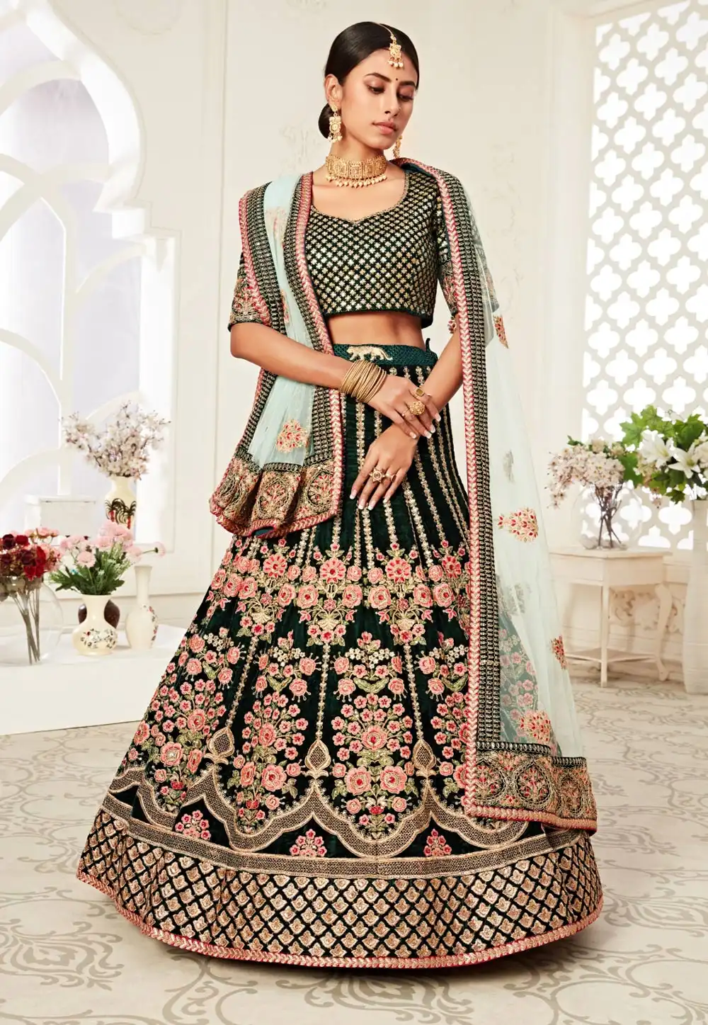 Green Velvet Sequence Work Lehenga Choli 218777
