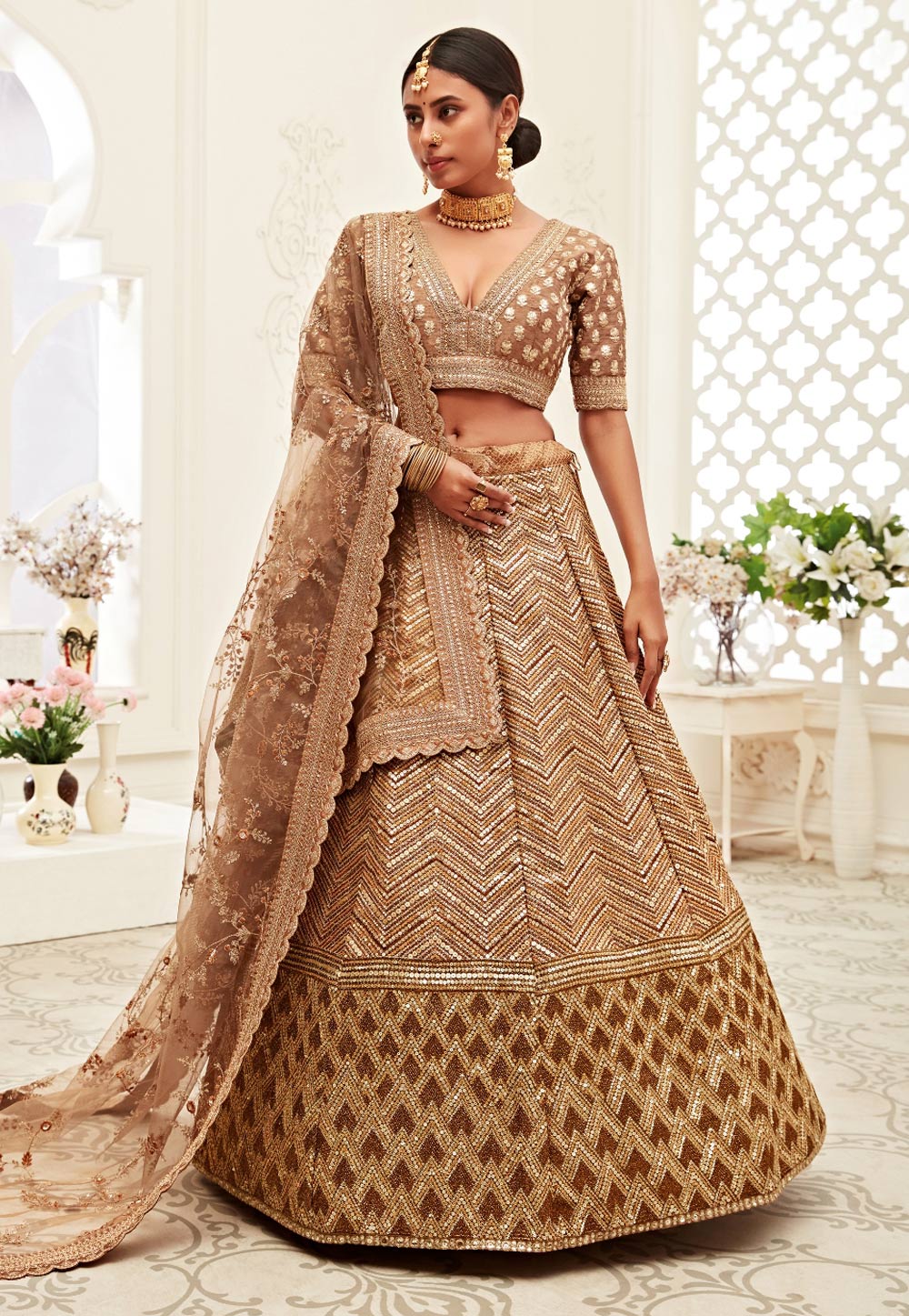 Brown Silk Embroidered Sequence Work Lehenga Choli 218778
