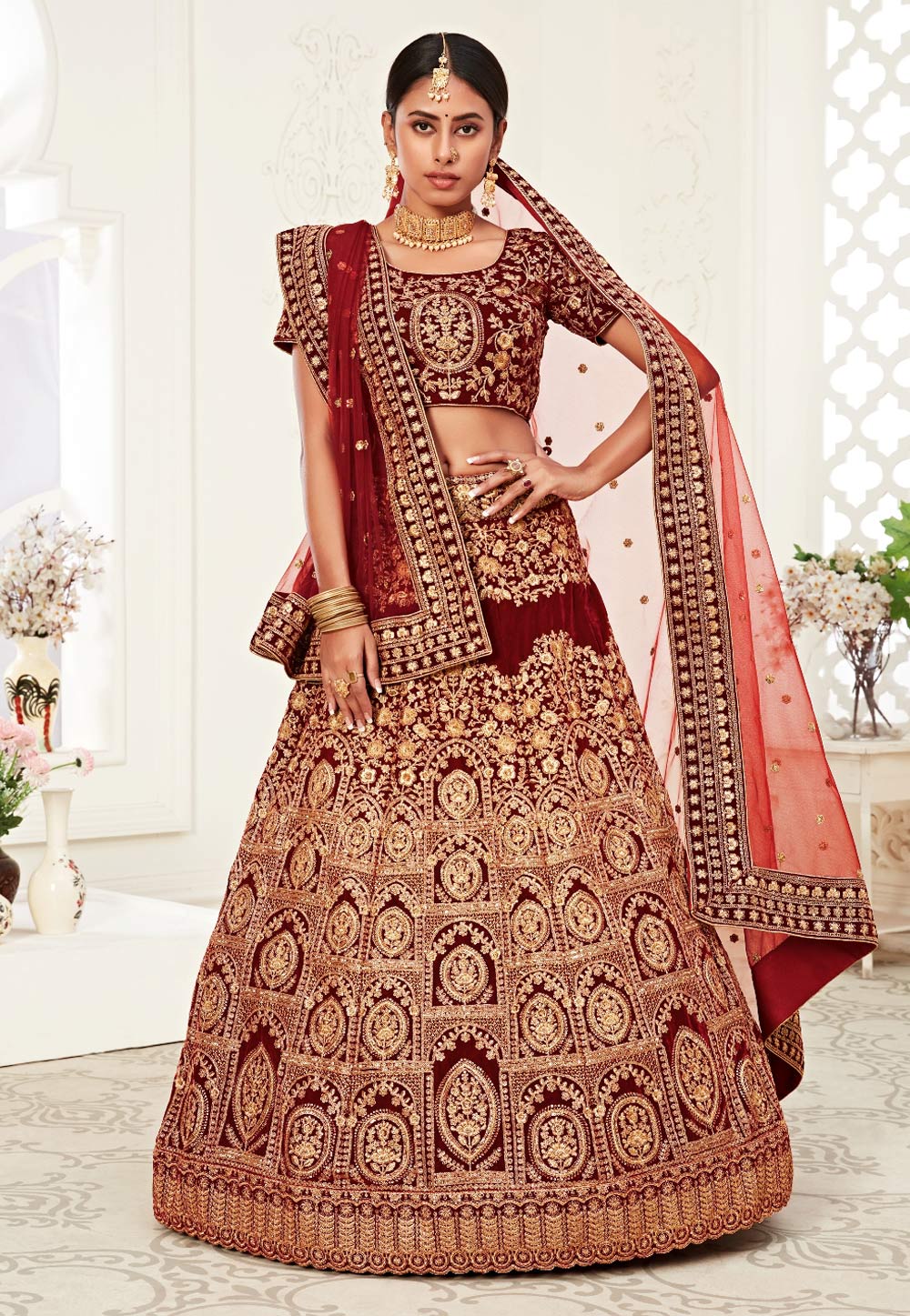 Maroon Velvet Embroidered Bridal Lehenga Choli 218779