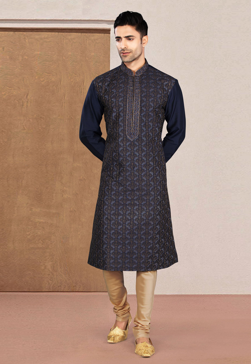 Navy Blue Cotton Silk Kurta Pajama 218877