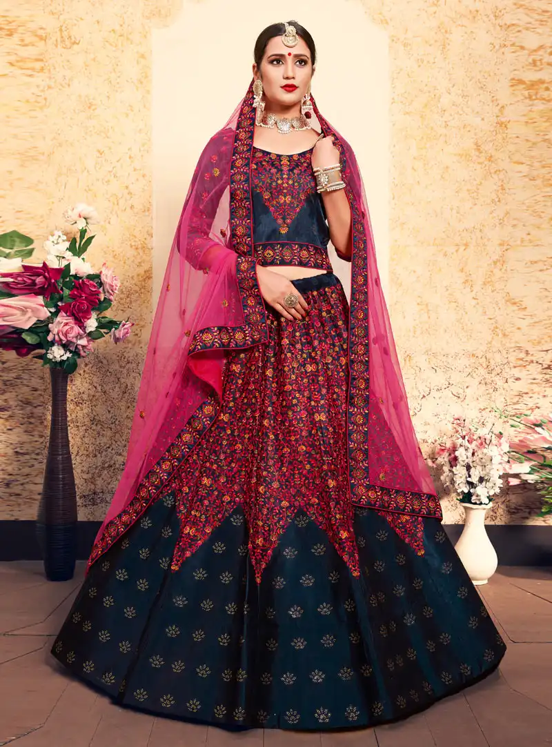 Navy Blue Satin Circular Lehenga Choli 153518