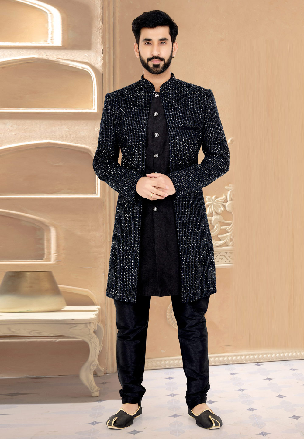 Black Georgette Jacket Style Sherwani 263265
