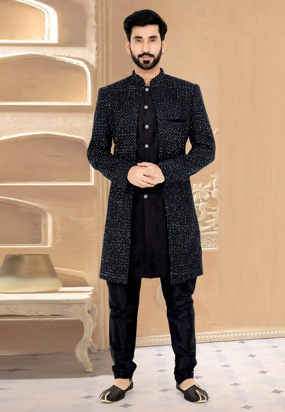 Black Georgette Jacket Style Sherwani 263265