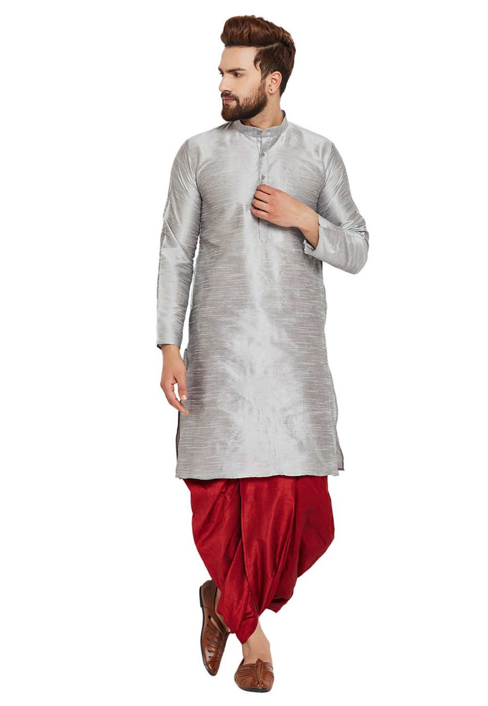 Grey Dupion Silk Readymade Dhoti Kurta 176070
