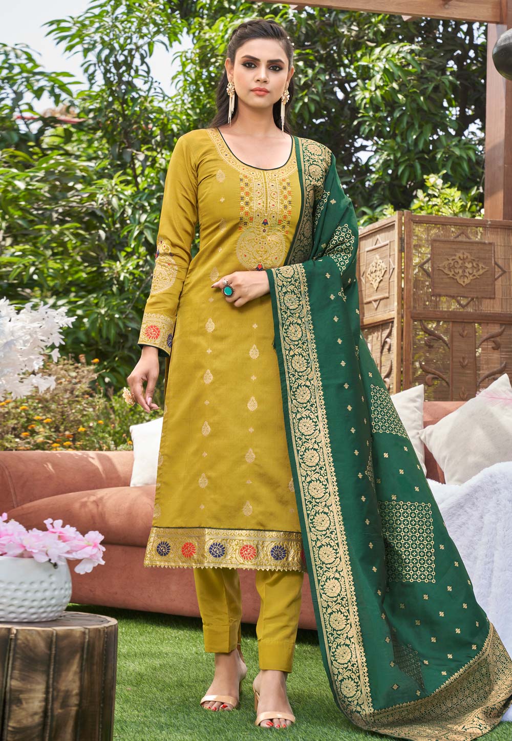 Mustard Banarasi Kameez With Pant 246253