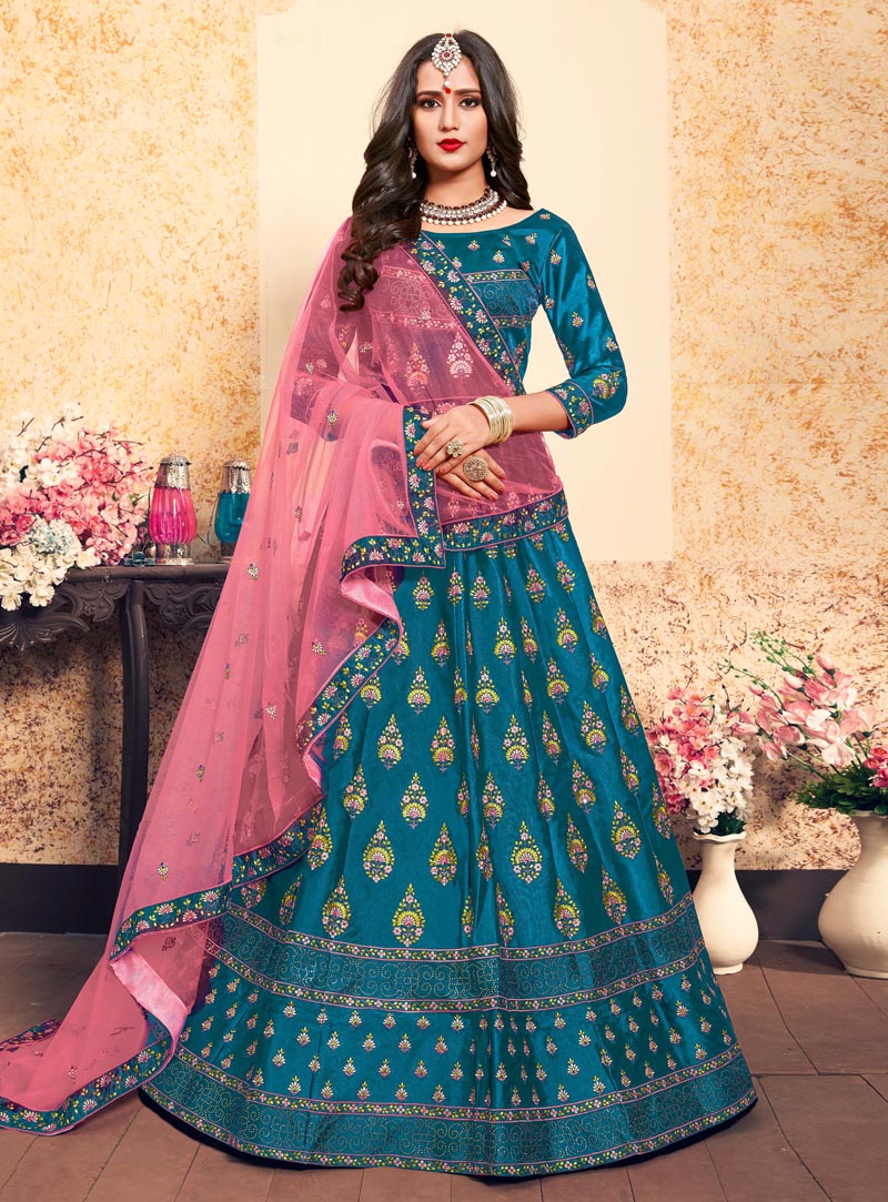 Aqua Satin Circular Lehenga Choli 153523
