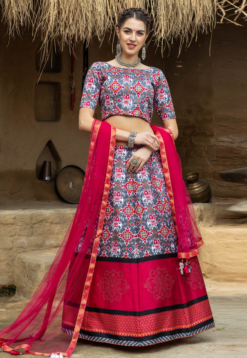 Grey Art Silk Bandhani Print Chaniya Choli 219213