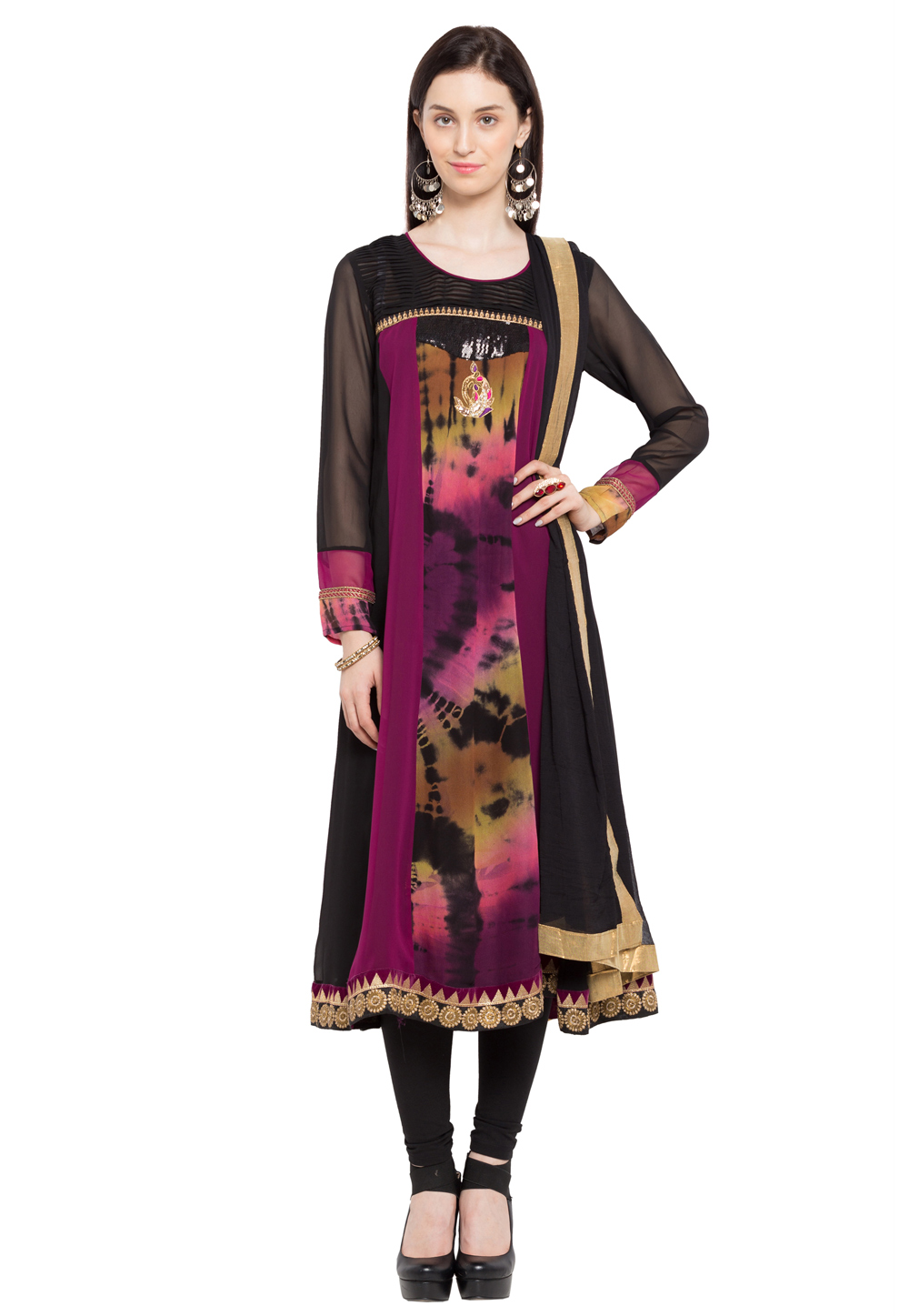 Black Faux Georgette Readymade Churidar Suit 230343