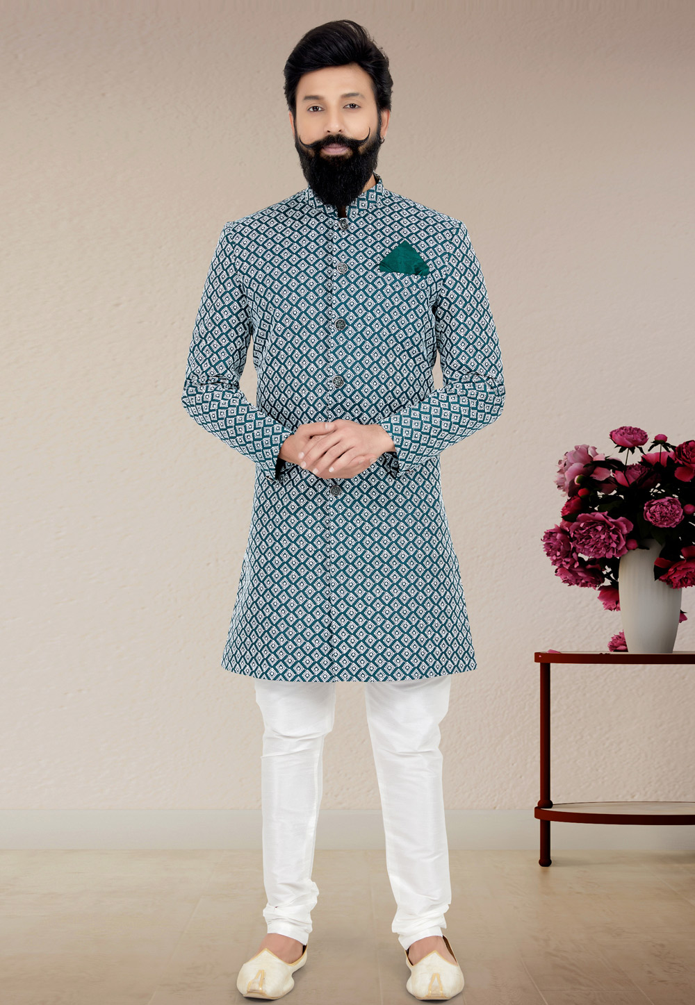 Teal Silk Indo Western Suit 271569