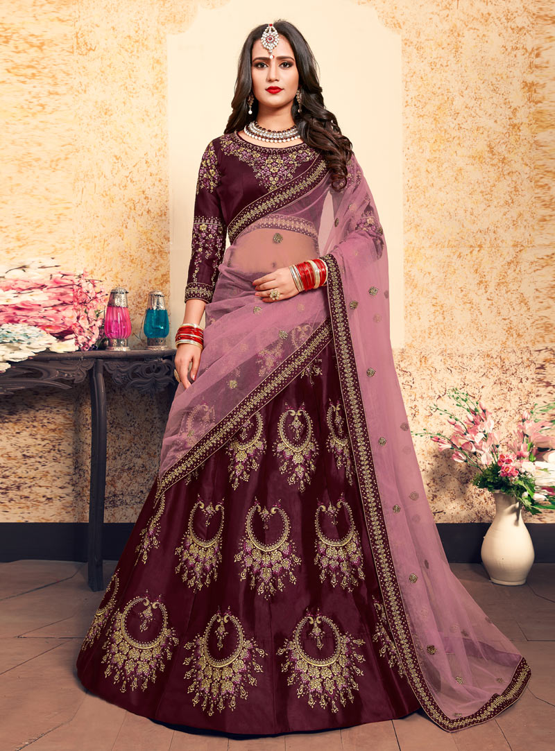 Wine Satin Circular Lehenga Choli 153531