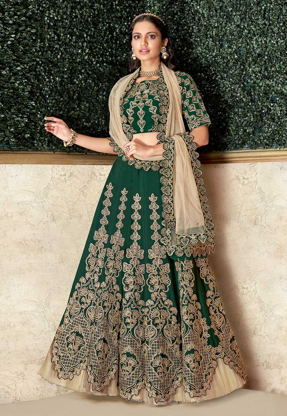 Green Satin Embroidered Circular Lehenga Choli 188234