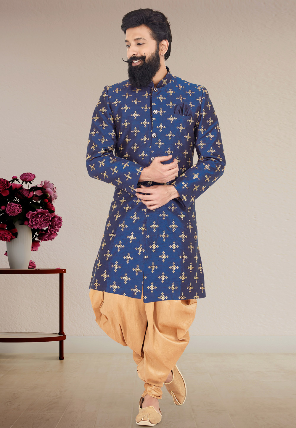 Navy Blue Dupion Silk Indo Western Suit 271574