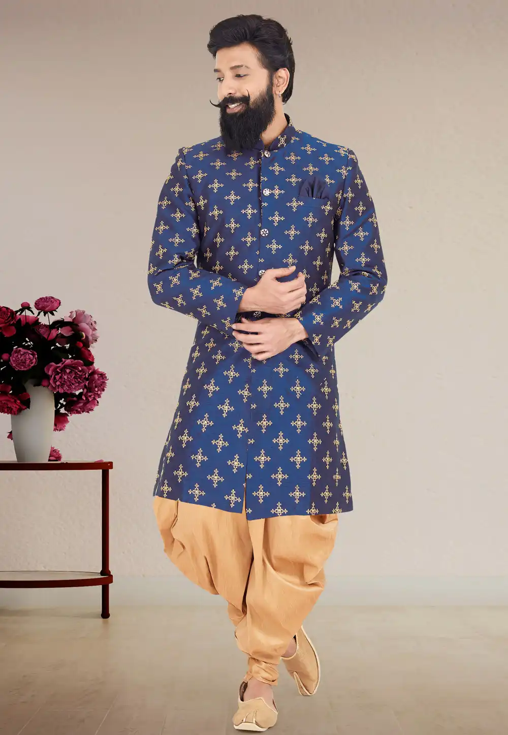 Navy Blue Dupion Silk Indo Western Suit 271574