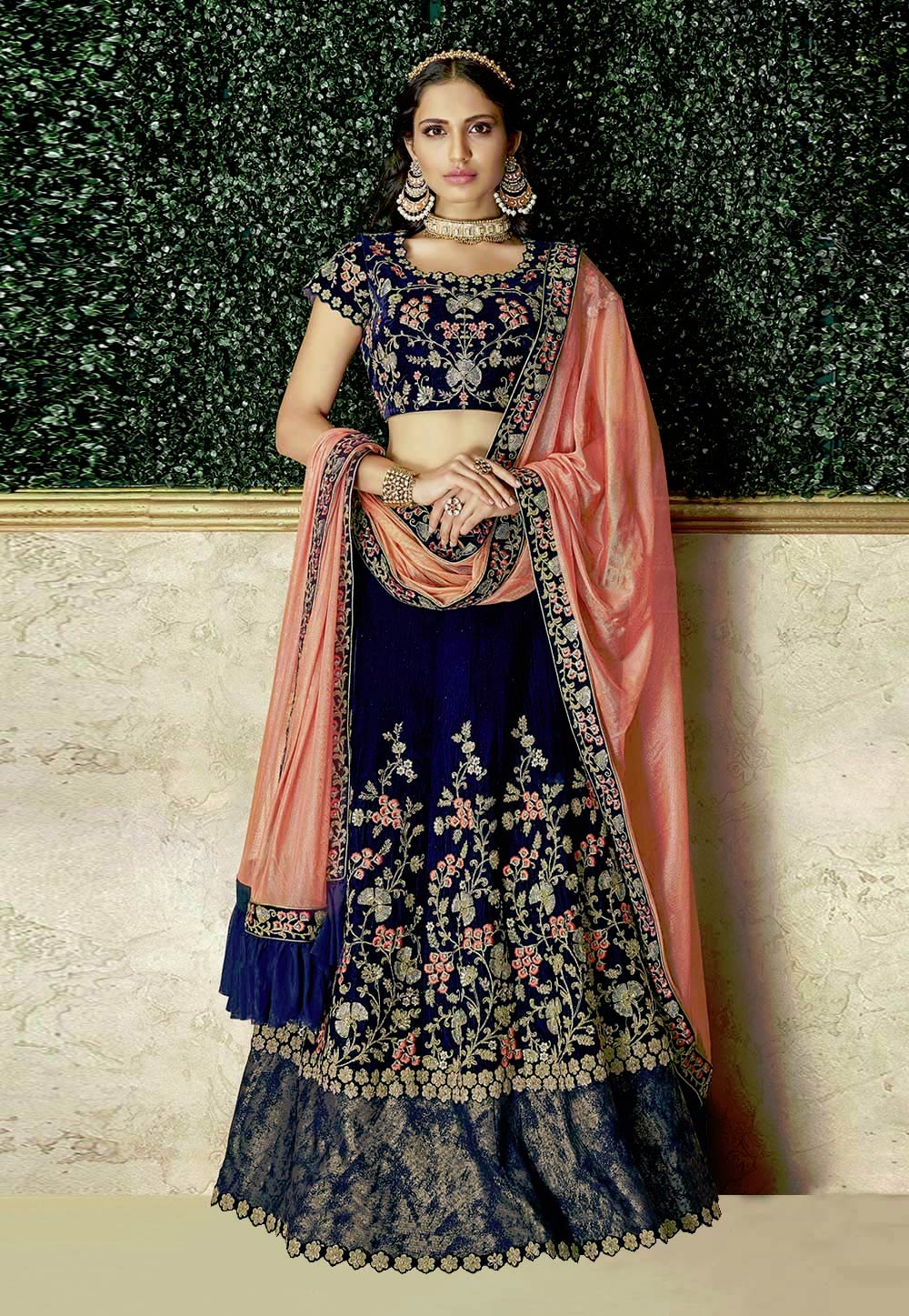Navy Blue Velvet Embroidered Designer Lehenga Choli 188238
